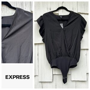 EXPRESS Black Ruffle Sleeve Faux Wrap Bodysuit Women's‎ Size M
